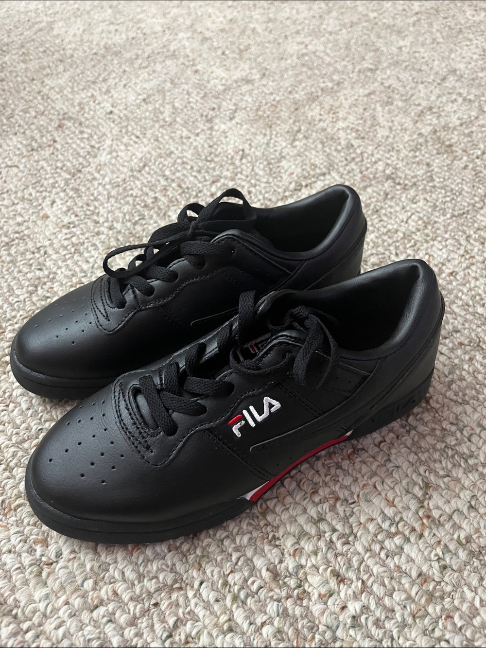 Fila Black Leather Low-Top Sneakers with Red and White Accents